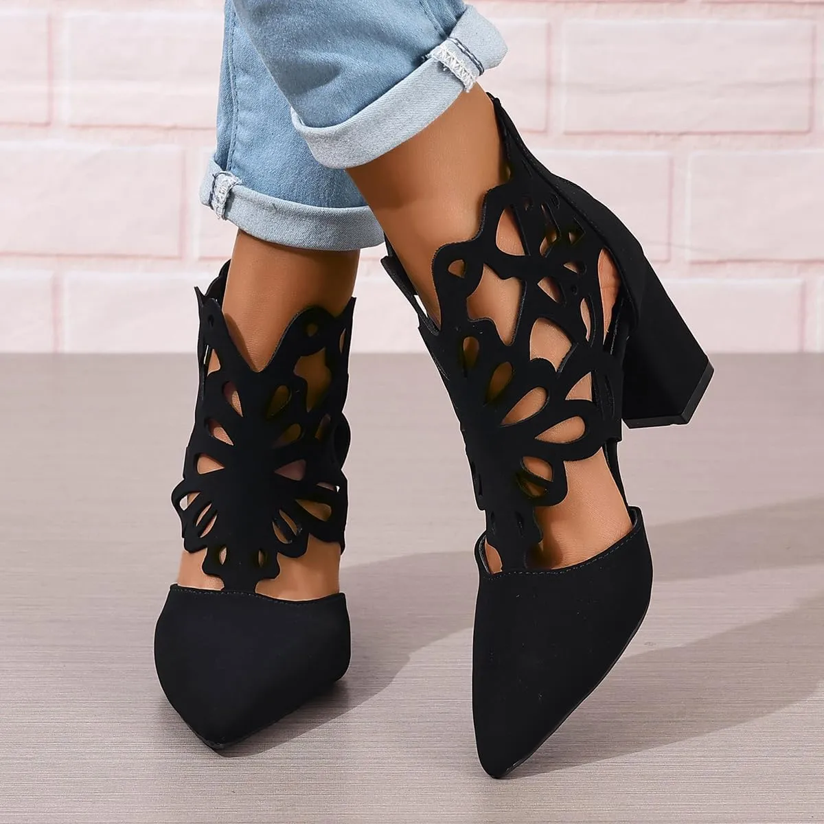 Women's Pointed Toe Booties Chunky Mid High Heels Ankle Boots Classic Cutout Block Back Zippers Dress Party Shoes