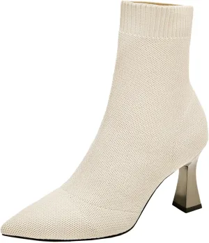 Women's Pointed Toe Boots Breathable Knitted Mesh Boots Thick High Heel Short Boots Comfort Walking Boots