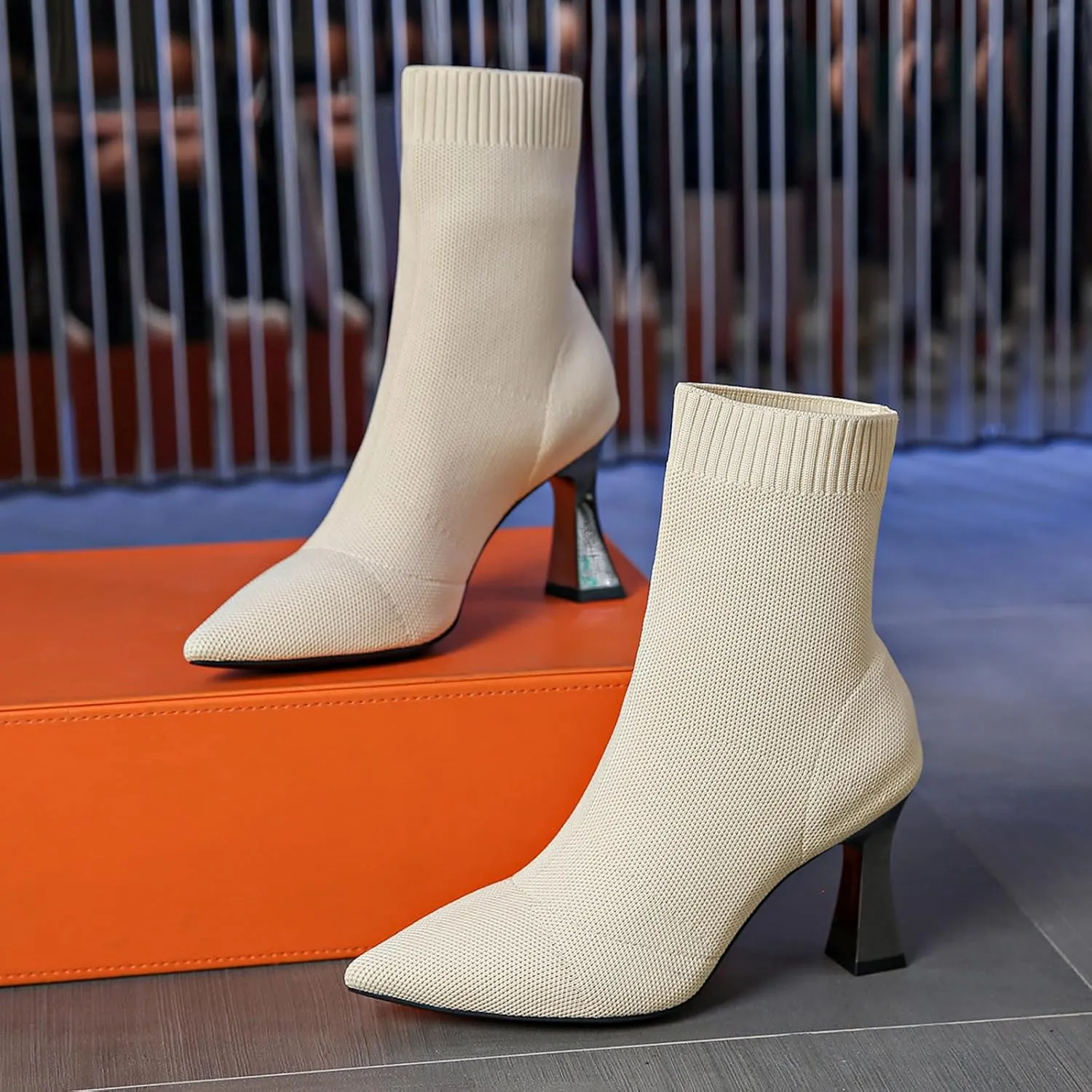 Women's Pointed Toe Boots Breathable Knitted Mesh Boots Thick High Heel Short Boots Comfort Walking Boots