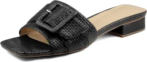 Women's Slide Heeled Sandals Opened Square Toe Chunky Block Heel Slippers with Buckle Slip on Casual Comfortable Pumps