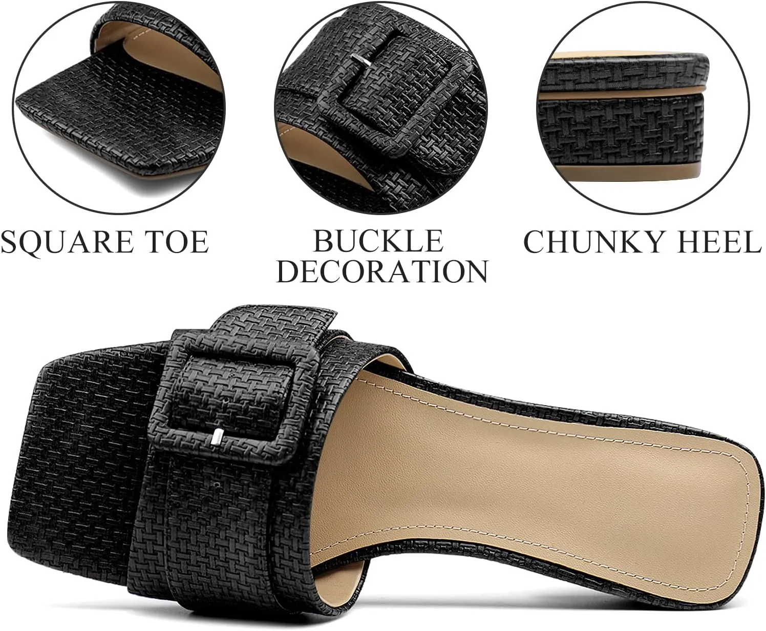 Women's Slide Heeled Sandals Opened Square Toe Chunky Block Heel Slippers with Buckle Slip on Casual Comfortable Pumps