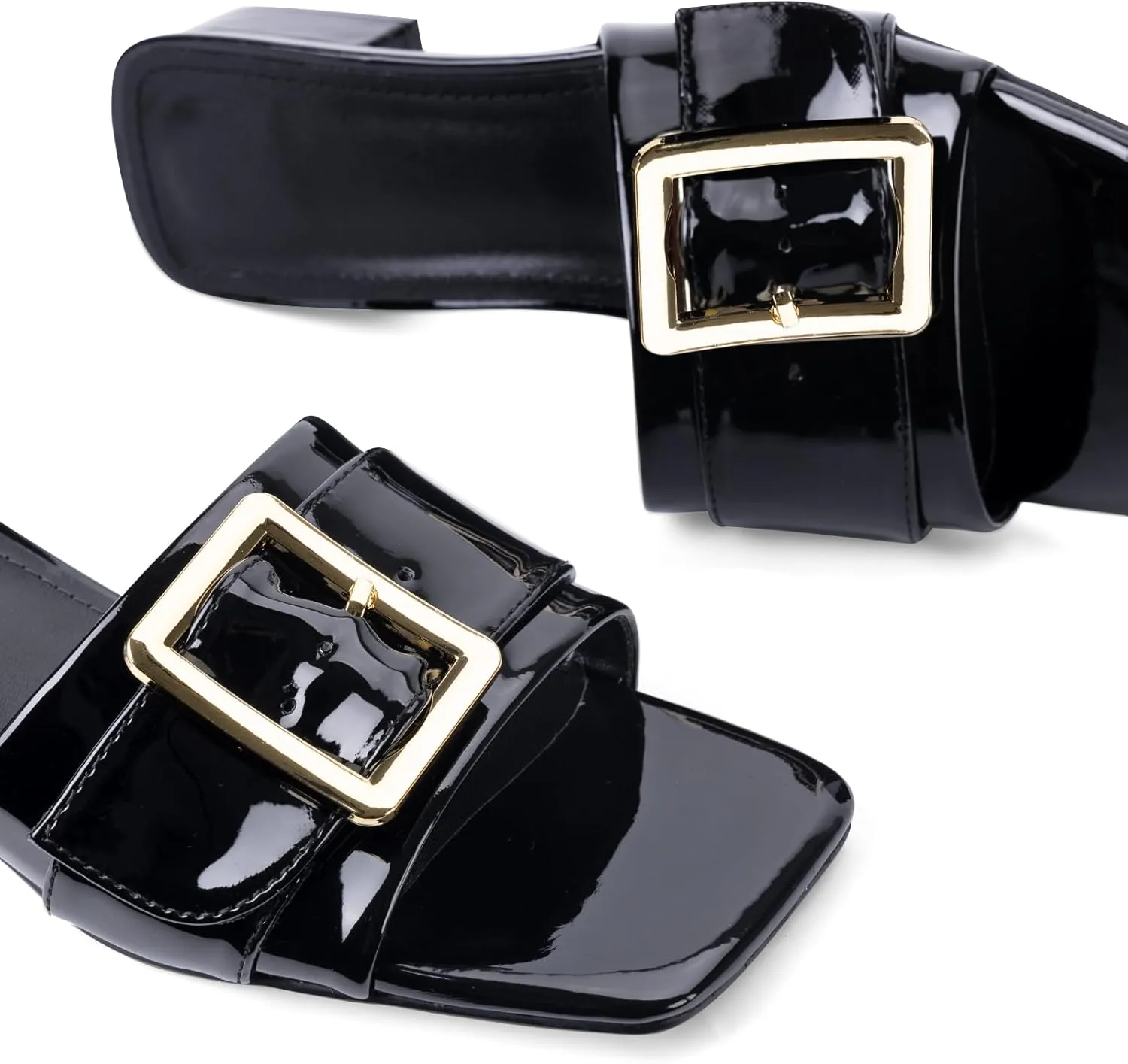 Women's Slide Heeled Sandals Opened Square Toe Chunky Block Heel Slippers with Buckle Slip on Casual Comfortable Pumps