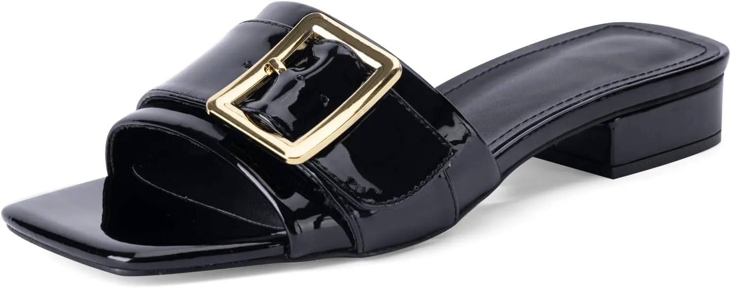 Women's Slide Heeled Sandals Opened Square Toe Chunky Block Heel Slippers with Buckle Slip on Casual Comfortable Pumps