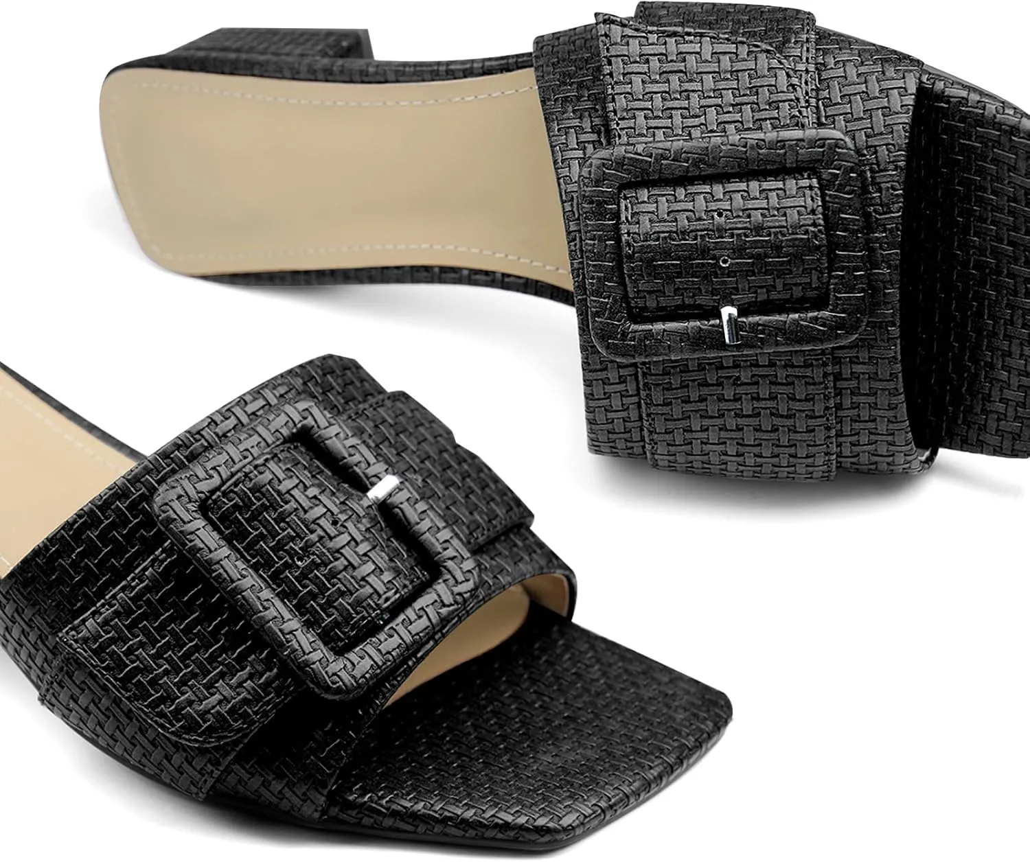 Women's Slide Heeled Sandals Opened Square Toe Chunky Block Heel Slippers with Buckle Slip on Casual Comfortable Pumps