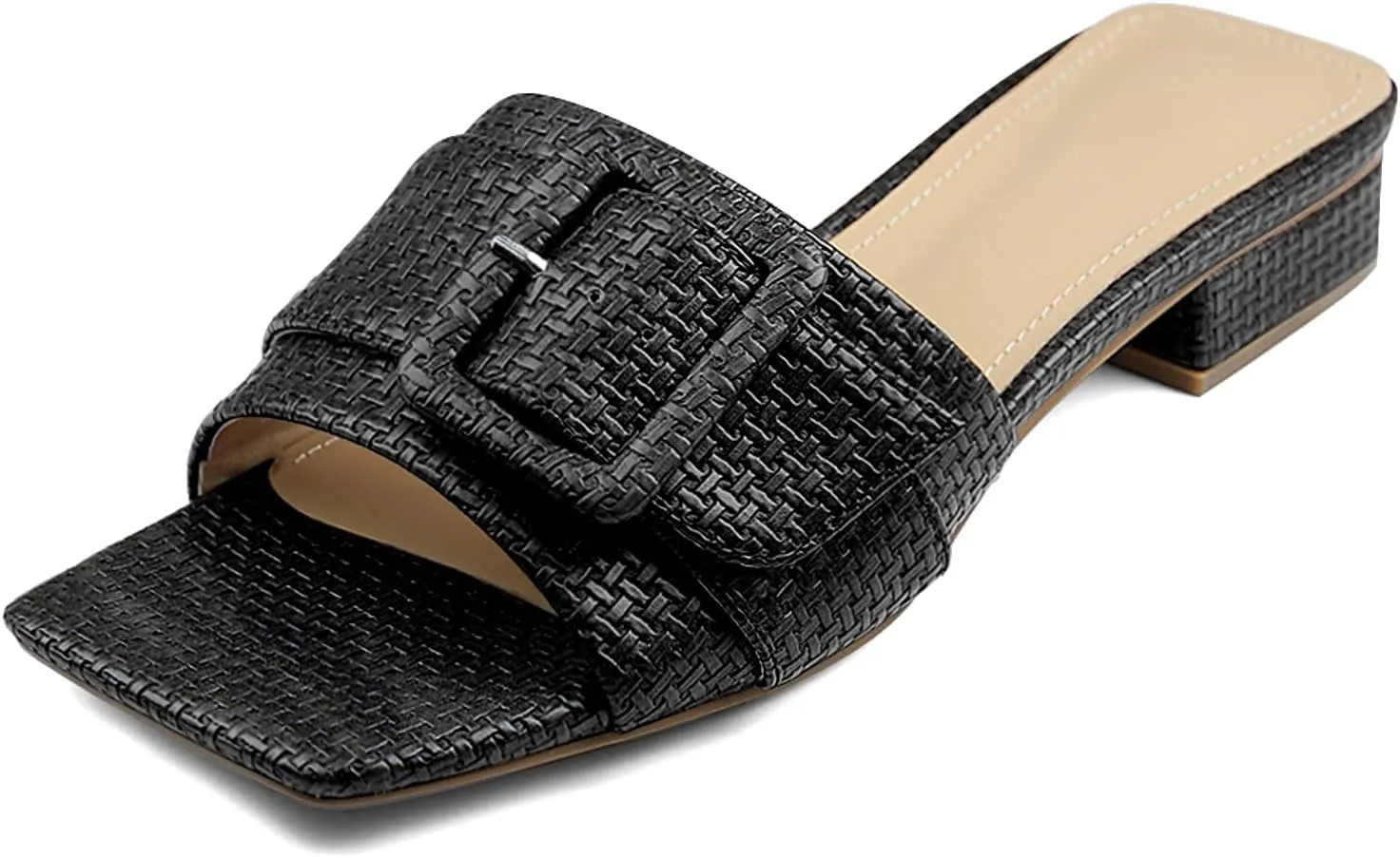 Women's Slide Heeled Sandals Opened Square Toe Chunky Block Heel Slippers with Buckle Slip on Casual Comfortable Pumps