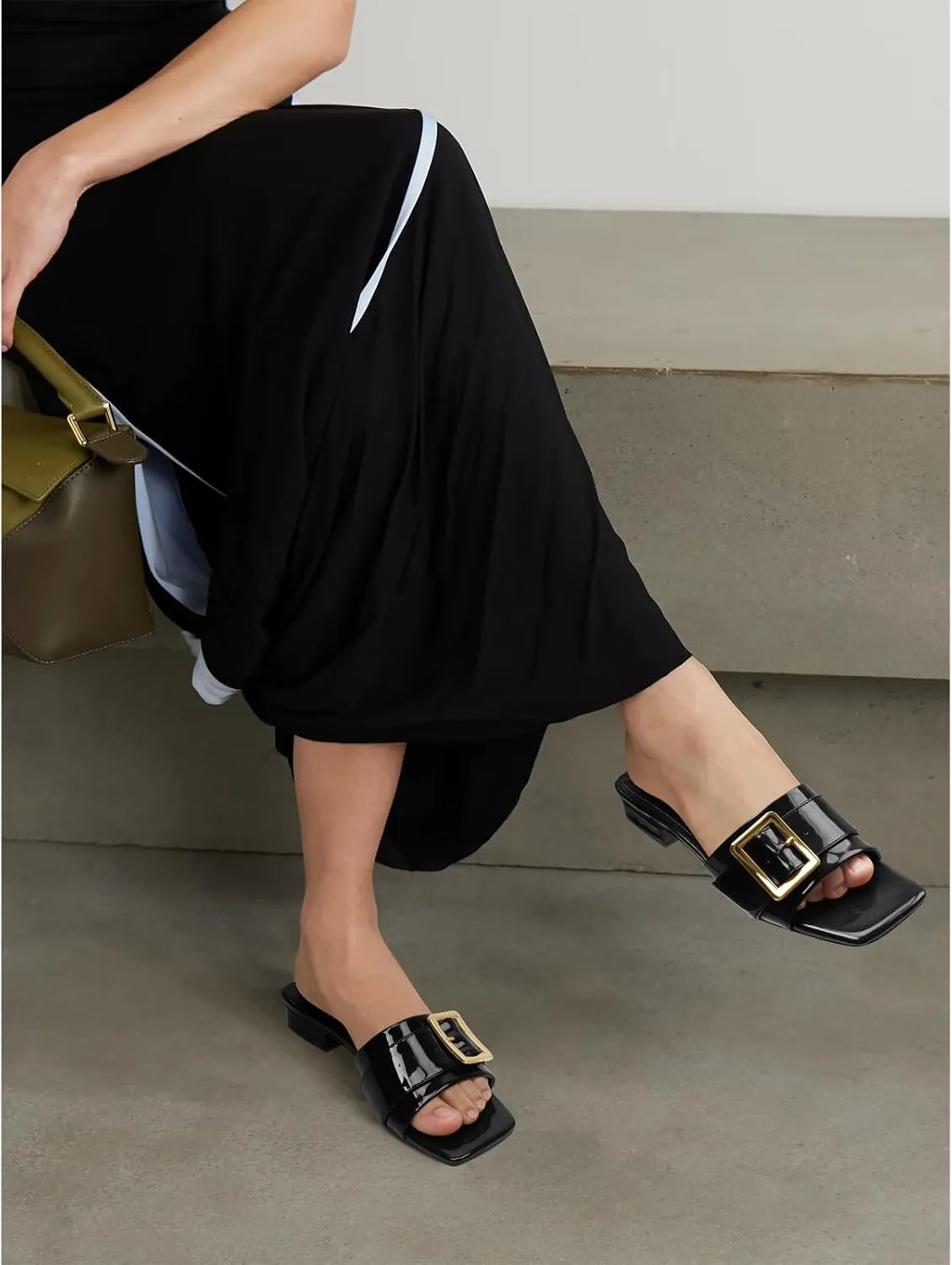 Women's Slide Heeled Sandals Opened Square Toe Chunky Block Heel Slippers with Buckle Slip on Casual Comfortable Pumps