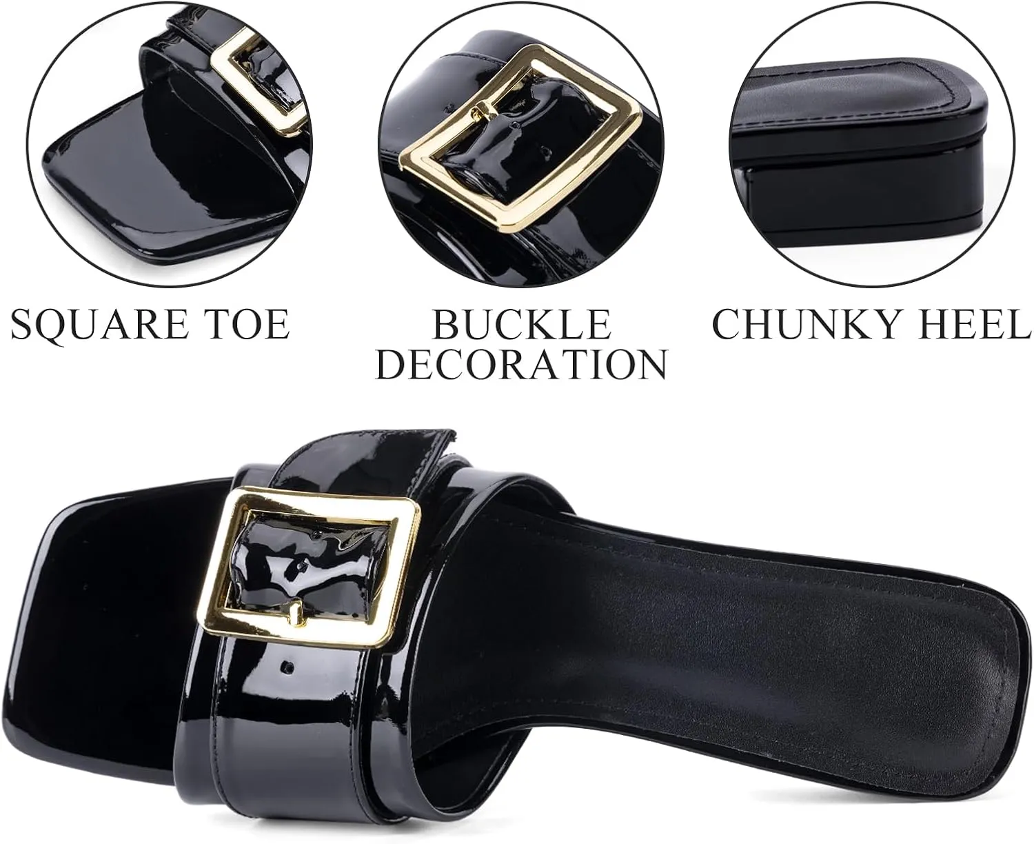 Women's Slide Heeled Sandals Opened Square Toe Chunky Block Heel Slippers with Buckle Slip on Casual Comfortable Pumps