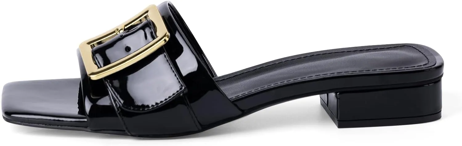 Women's Slide Heeled Sandals Opened Square Toe Chunky Block Heel Slippers with Buckle Slip on Casual Comfortable Pumps