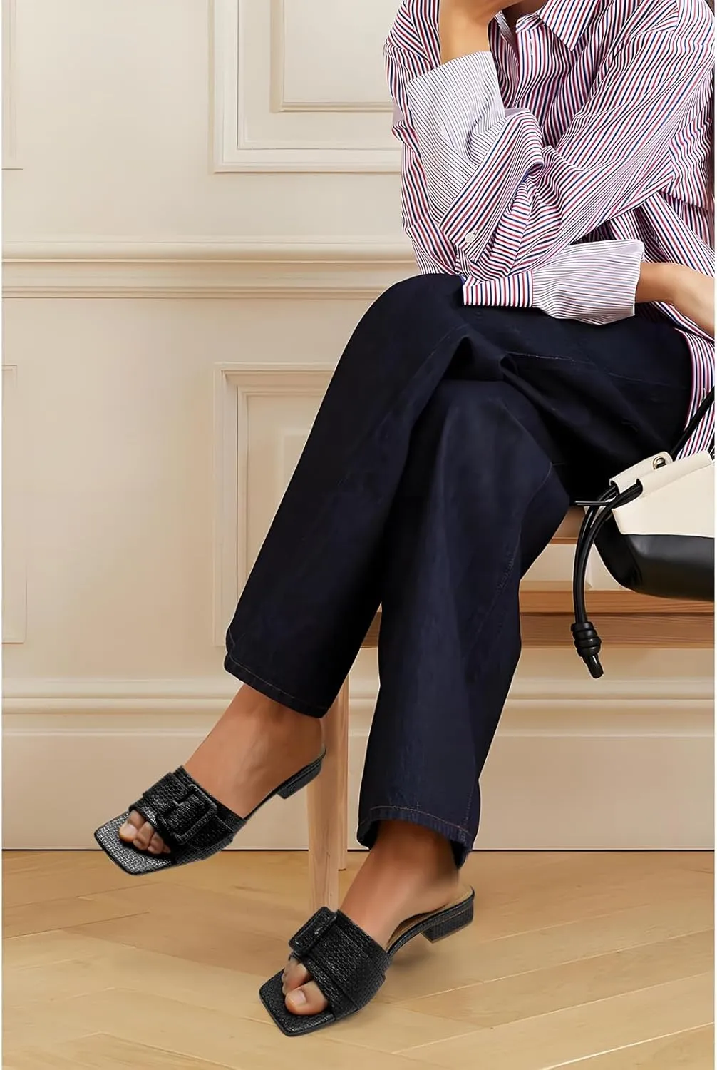 Women's Slide Heeled Sandals Opened Square Toe Chunky Block Heel Slippers with Buckle Slip on Casual Comfortable Pumps