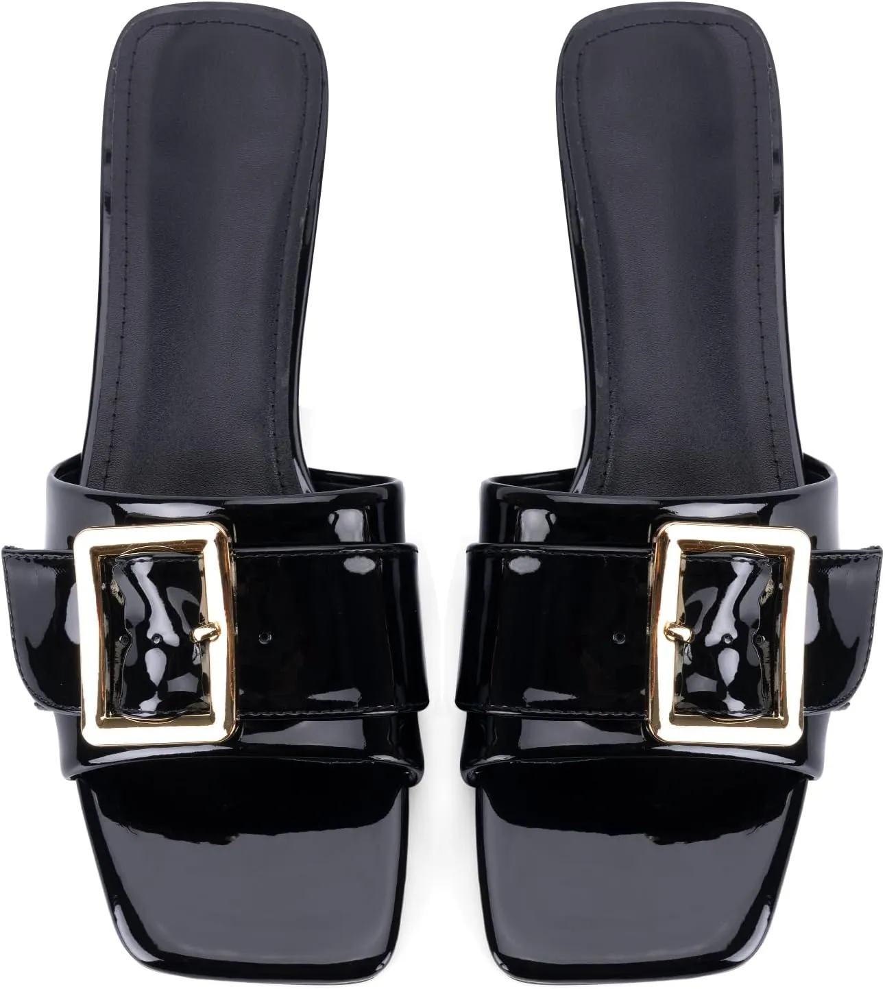 Women's Slide Heeled Sandals Opened Square Toe Chunky Block Heel Slippers with Buckle Slip on Casual Comfortable Pumps