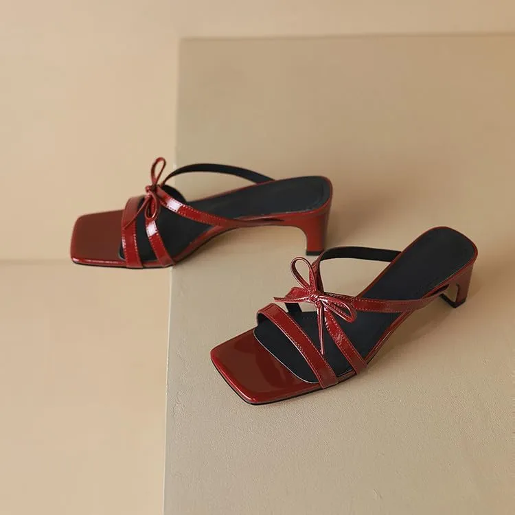 Women's Strappy Square Open Toe Bow Low Kitten Heels Mules Slides Knotted Slip On Sandals Dress Casual Comfy Vacation Party Wedding Soft Leather