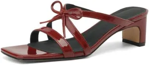 Women's Strappy Square Open Toe Bow Low Kitten Heels Mules Slides Knotted Slip On Sandals Dress Casual Comfy Vacation Party Wedding Soft Leather