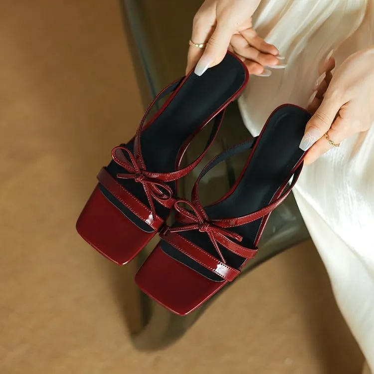 Women's Strappy Square Open Toe Bow Low Kitten Heels Mules Slides Knotted Slip On Sandals Dress Casual Comfy Vacation Party Wedding Soft Leather