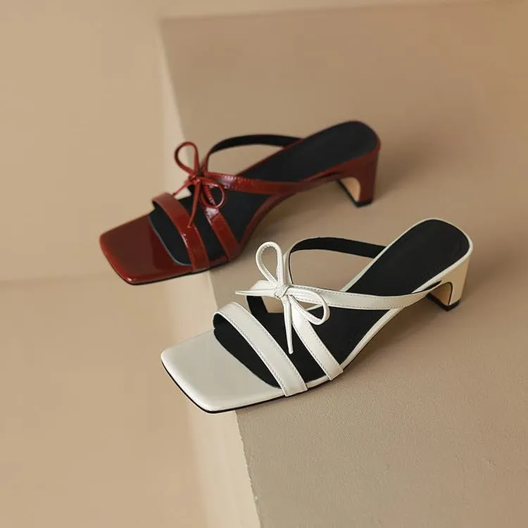 Women's Strappy Square Open Toe Bow Low Kitten Heels Mules Slides Knotted Slip On Sandals Dress Casual Comfy Vacation Party Wedding Soft Leather