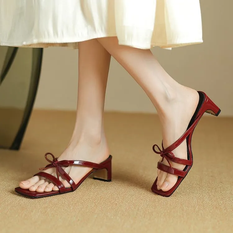Women's Strappy Square Open Toe Bow Low Kitten Heels Mules Slides Knotted Slip On Sandals Dress Casual Comfy Vacation Party Wedding Soft Leather