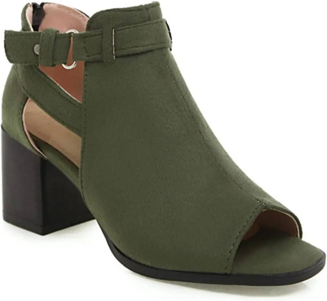 Women's Suede Chunky Heel Fish Mouth Dress Sandals Comfortable Peep Toe Adjustable Ankle Buckle Block Heel Non-Slip Hollow Out Ankle Boot Sandals for Work Wedding Party