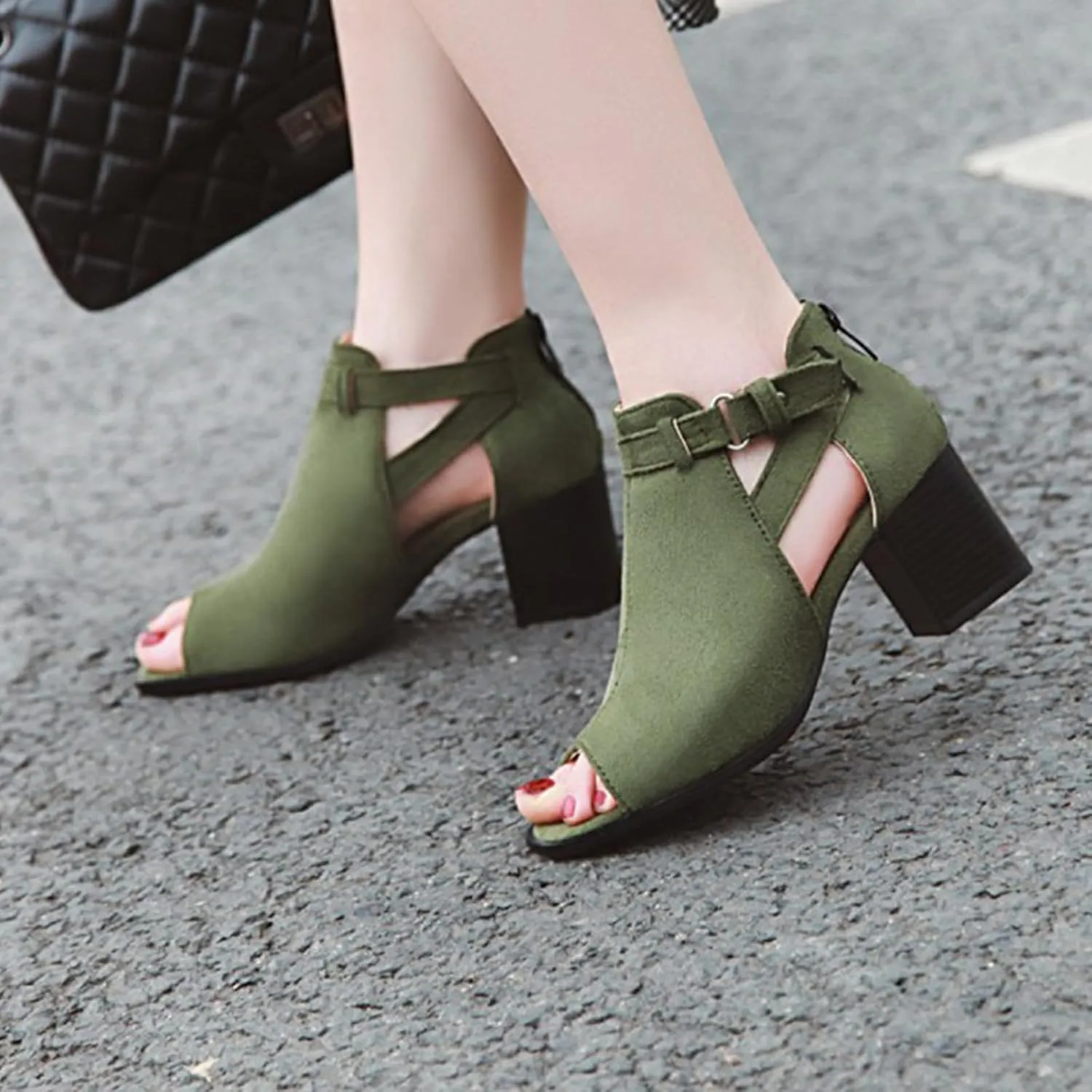 Women's Suede Chunky Heel Fish Mouth Dress Sandals Comfortable Peep Toe Adjustable Ankle Buckle Block Heel Non-Slip Hollow Out Ankle Boot Sandals for Work Wedding Party