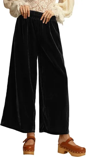 Women's Velvet Pants High Elastic Waist Wide Leg Long Pants Casual Lounge Palazzo Pants Vintage Loose Fit Trouser
