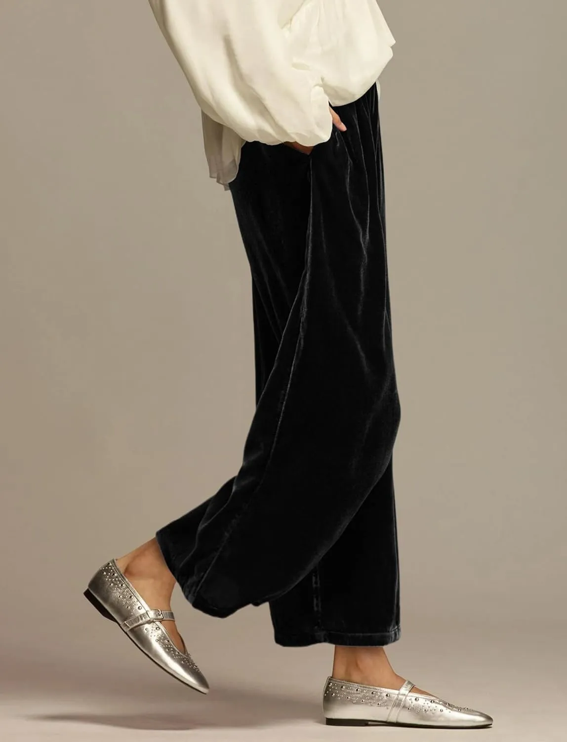 Women's Velvet Pants High Elastic Waist Wide Leg Long Pants Casual Lounge Palazzo Pants Vintage Loose Fit Trouser
