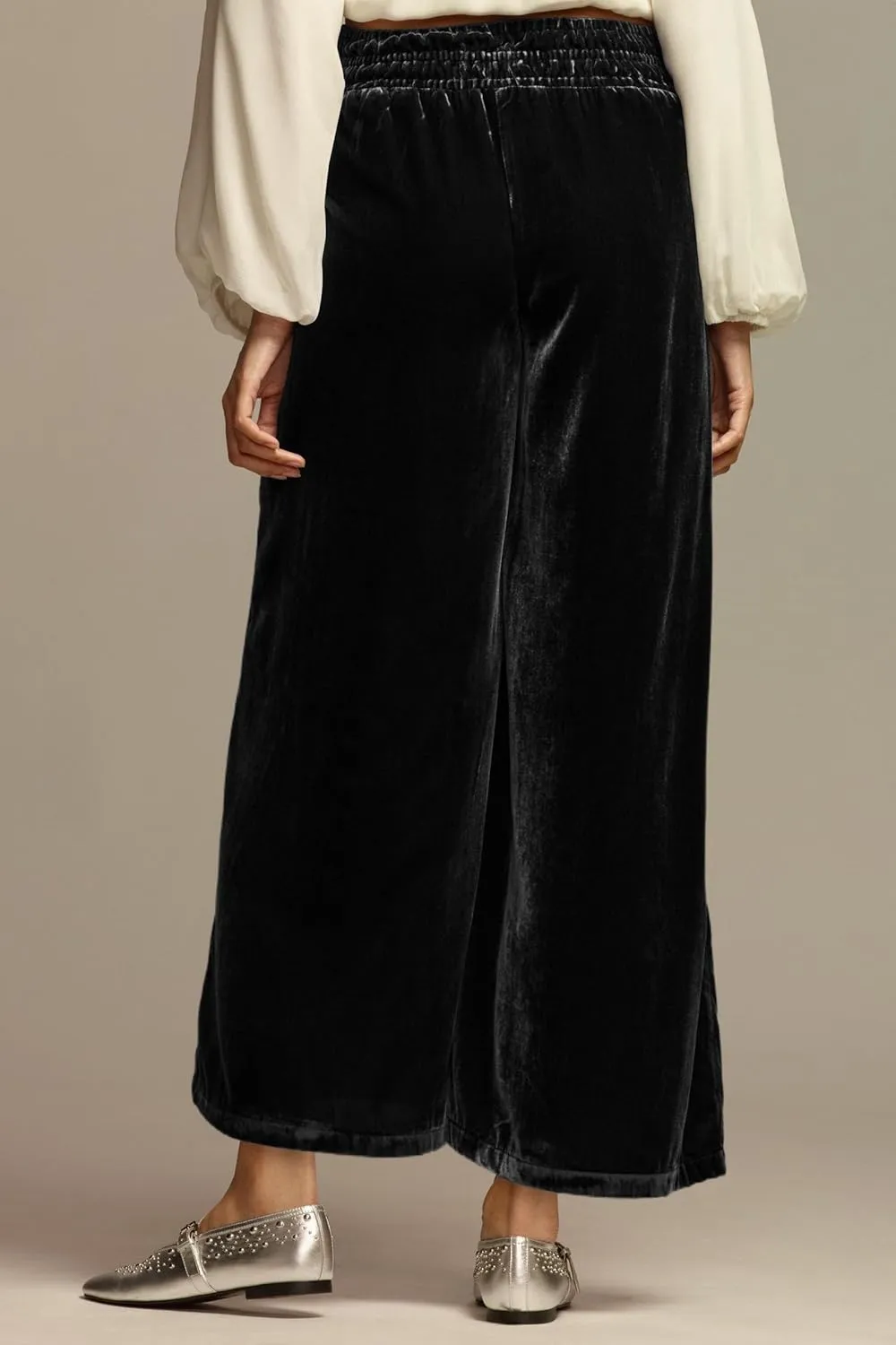 Women's Velvet Pants High Elastic Waist Wide Leg Long Pants Casual Lounge Palazzo Pants Vintage Loose Fit Trouser