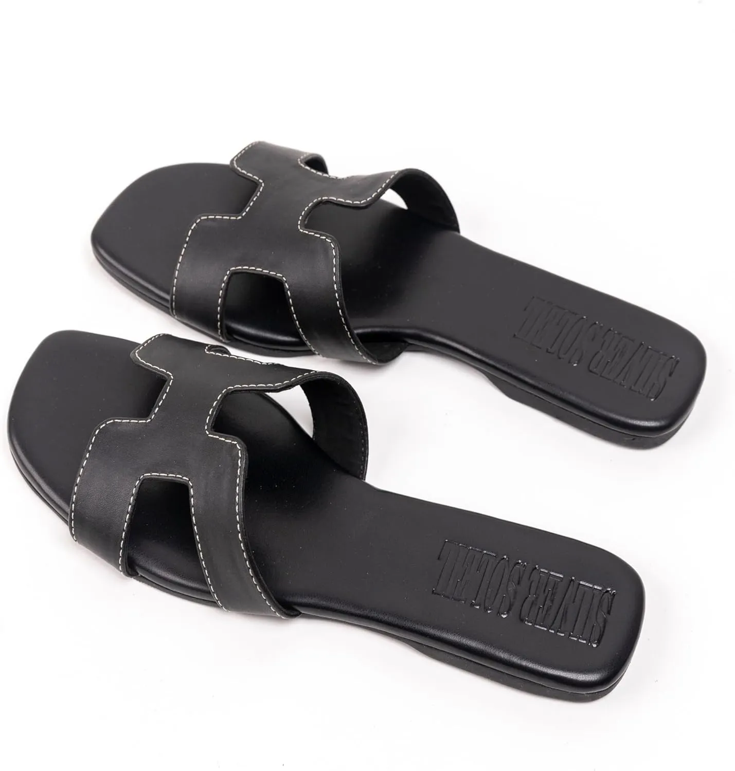 Women's Voyage Flat Slide Sandals - Square Open Toe Slides H-Band Slides for Women Fashionable Slip-On with Soft Leather Slippers for Summer | Comfort Walking with Beach Shoes