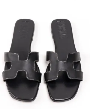 Women's Voyage Flat Slide Sandals - Square Open Toe Slides H-Band Slides for Women Fashionable Slip-On with Soft Leather Slippers for Summer | Comfort Walking with Beach Shoes