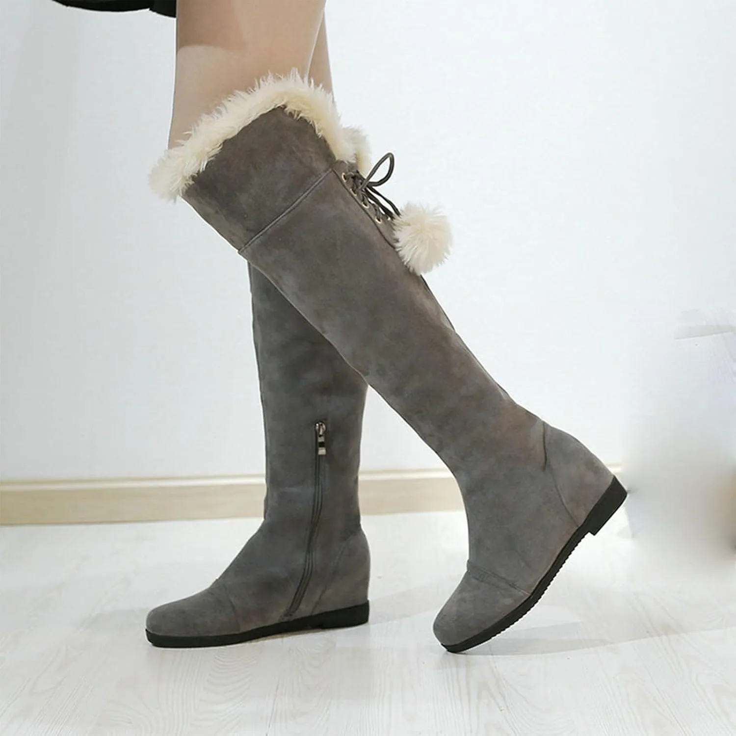 Women's Zip Up Snow Boots, Round Toe Lace Up Low Heel Over The Knee Boots Plush Warm Lining Long Boots Raw Edge Fitted Large Size Fashionable Boots