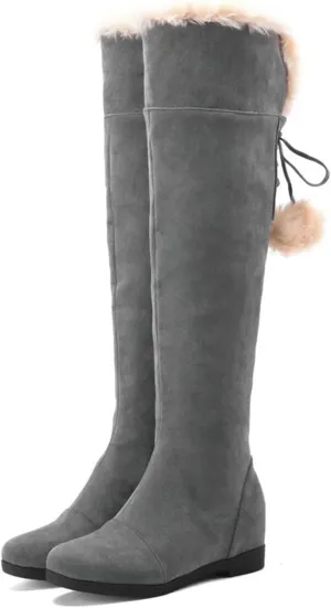 Women's Zip Up Snow Boots, Round Toe Lace Up Low Heel Over The Knee Boots Plush Warm Lining Long Boots Raw Edge Fitted Large Size Fashionable Boots