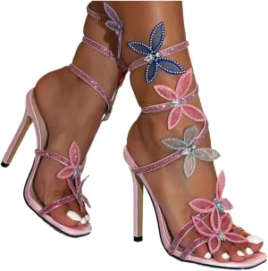 Womens's Rhinestone Sandals Sparkly Heels for Women Ankle Wrap Up Strappy Shoes Square Toe Butterfly Shiny High Heels