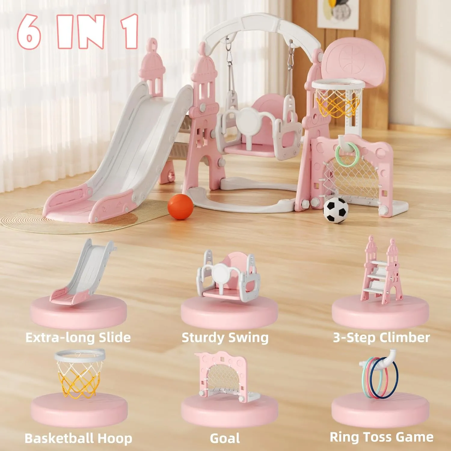 XJD 6-in-1 Toddler Slide and Swing Set, Kids Slide for Toddlers Age 1 , Toddler Outdoor Playset with Basketball Hoop, Football Frame, Swing, Outdoor Indoor Playground for Toddlers 1-3 (Pink)