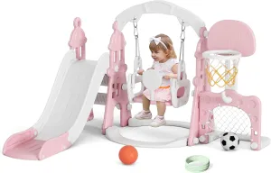 XJD 6-in-1 Toddler Slide and Swing Set, Kids Slide for Toddlers Age 1 , Toddler Outdoor Playset with Basketball Hoop, Football Frame, Swing, Outdoor Indoor Playground for Toddlers 1-3 (Pink)