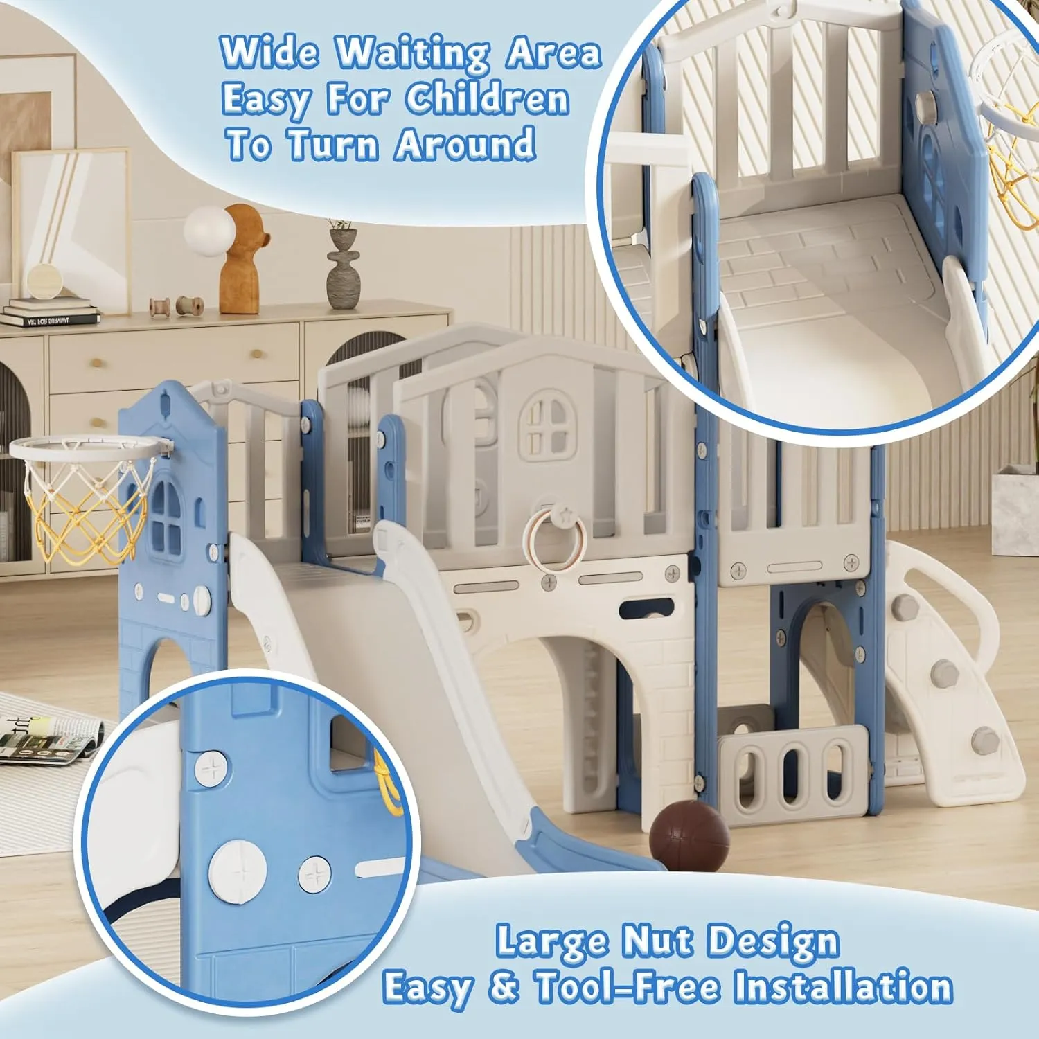 XJD 9 in 1 Toddler Slide Set, Kids Slide for Toddlers Age 1 , Toddler Climber Slide PlaySet with Basketball Hoop and Ball,Outdoor Indoor Playground for Toddlers 1-3 (Blue)