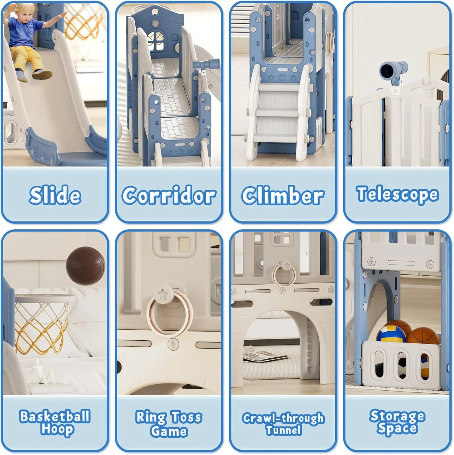 XJD 9 in 1 Toddler Slide Set, Kids Slide for Toddlers Age 1 , Toddler Climber Slide PlaySet with Basketball Hoop and Ball,Outdoor Indoor Playground for Toddlers 1-3 (Blue)