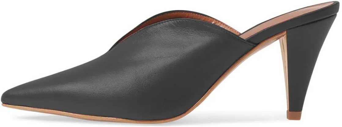 YDN Women's Cone Heel Pointed Toe Slide Mules Slip on V Cut Leather Slide Sandals Clog Dress Shoe Size 4-15 US
