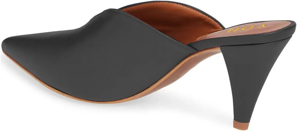 YDN Women's Cone Heel Pointed Toe Slide Mules Slip on V Cut Leather Slide Sandals Clog Dress Shoe Size 4-15 US