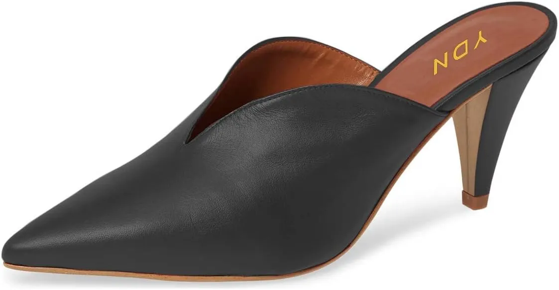 YDN Women's Cone Heel Pointed Toe Slide Mules Slip on V Cut Leather Slide Sandals Clog Dress Shoe Size 4-15 US