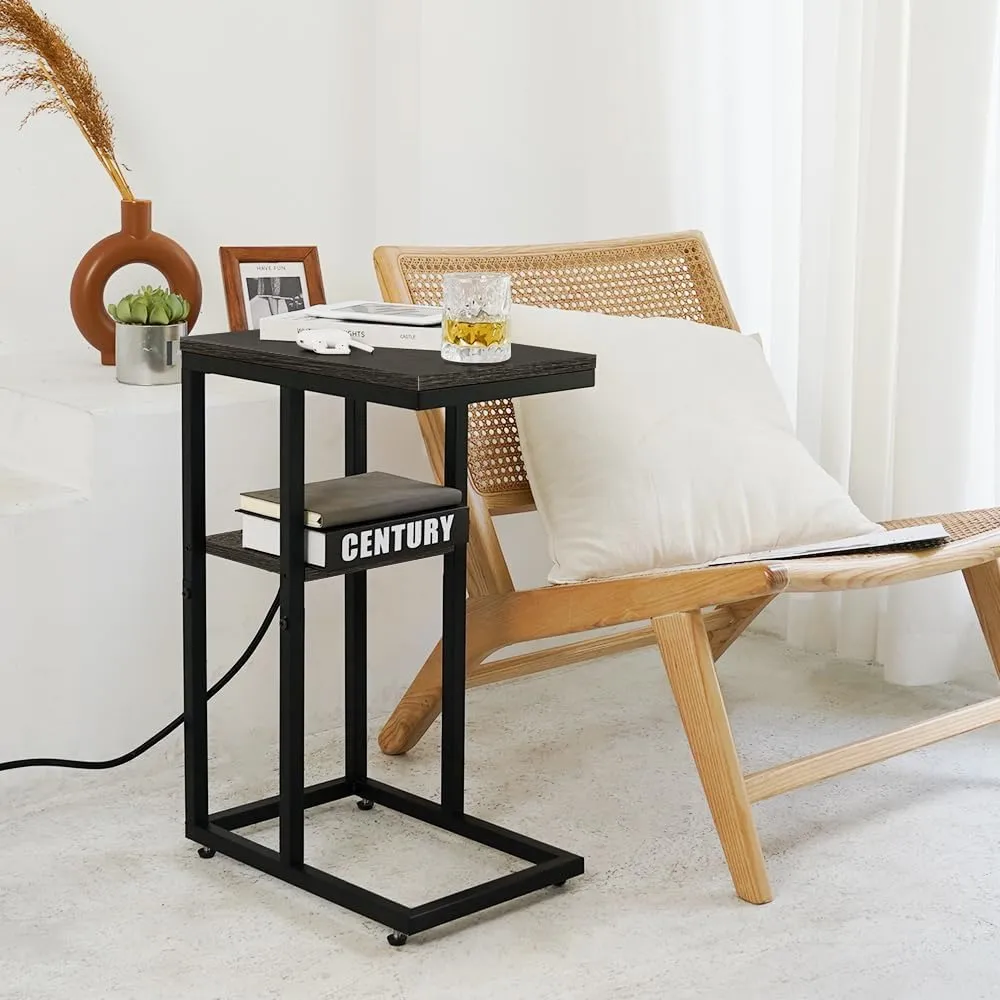 Yoobure C Shaped End Table with Charging Station for Living Room, Bedroom, Sofa Table with USB Ports and Outlets for Small Spaces, C Couch Rustic Snack Bed Table, Charcoal Gray