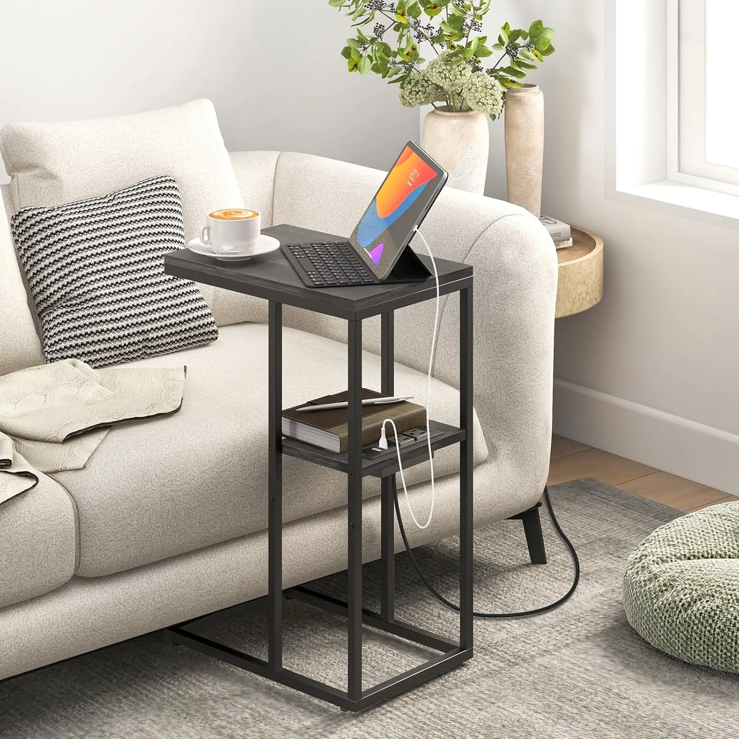 Yoobure C Shaped End Table with Charging Station for Living Room, Bedroom, Sofa Table with USB Ports and Outlets for Small Spaces, C Couch Rustic Snack Bed Table, Charcoal Gray
