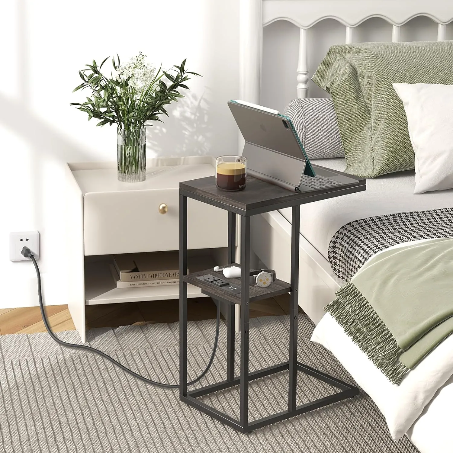Yoobure C Shaped End Table with Charging Station for Living Room, Bedroom, Sofa Table with USB Ports and Outlets for Small Spaces, C Couch Rustic Snack Bed Table, Charcoal Gray