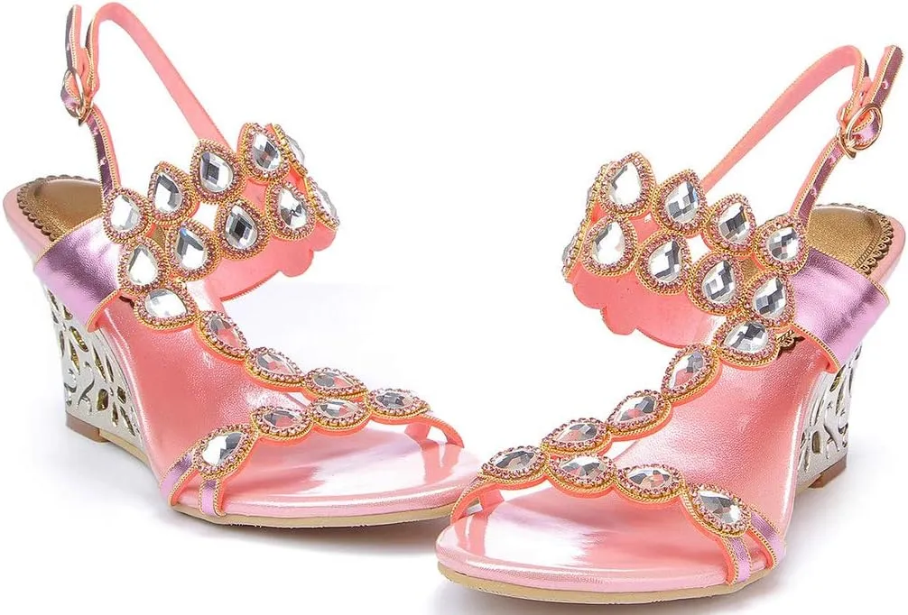 YooPrettyz Women Metallic Strappy Dress Heeled Sandals Jewel Wedding Wedge Sandals