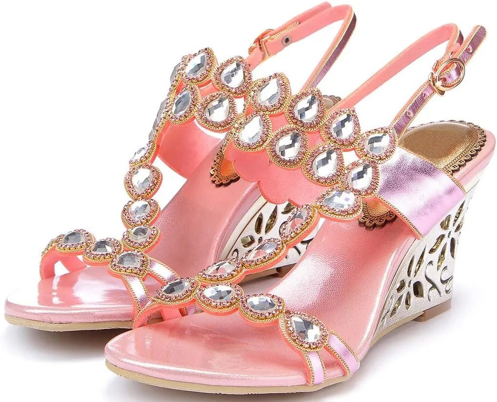 YooPrettyz Women Metallic Strappy Dress Heeled Sandals Jewel Wedding Wedge Sandals