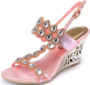 YooPrettyz Women Metallic Strappy Dress Heeled Sandals Jewel Wedding Wedge Sandals