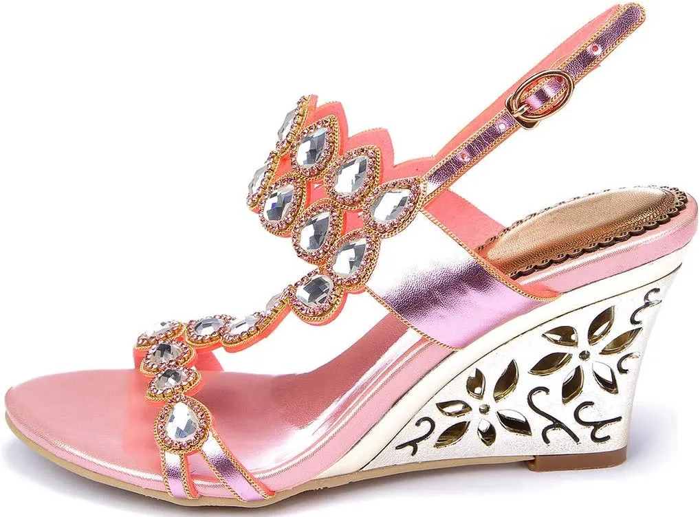YooPrettyz Women Metallic Strappy Dress Heeled Sandals Jewel Wedding Wedge Sandals