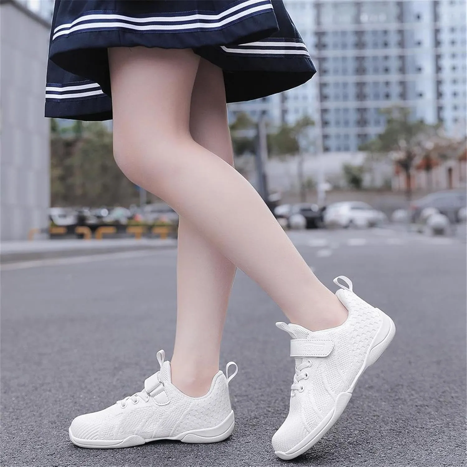 Youth Girls Mesh Breathable Running Sneakers Athletic Training Tennis Shoes White Cheerleading Shoes Dance Shoes