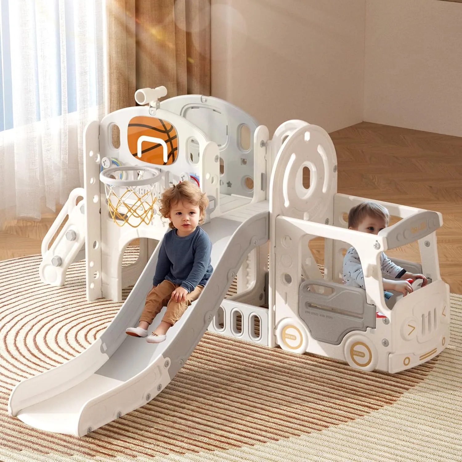 YUFU 10 in 1 Toddler Slide, Kids Slide for Toddlers Age 1-3, Toddler Climber Slide with Basketball Hoop and Ball, Toddlers Outdoor Indoor Playset (Beige Gray)