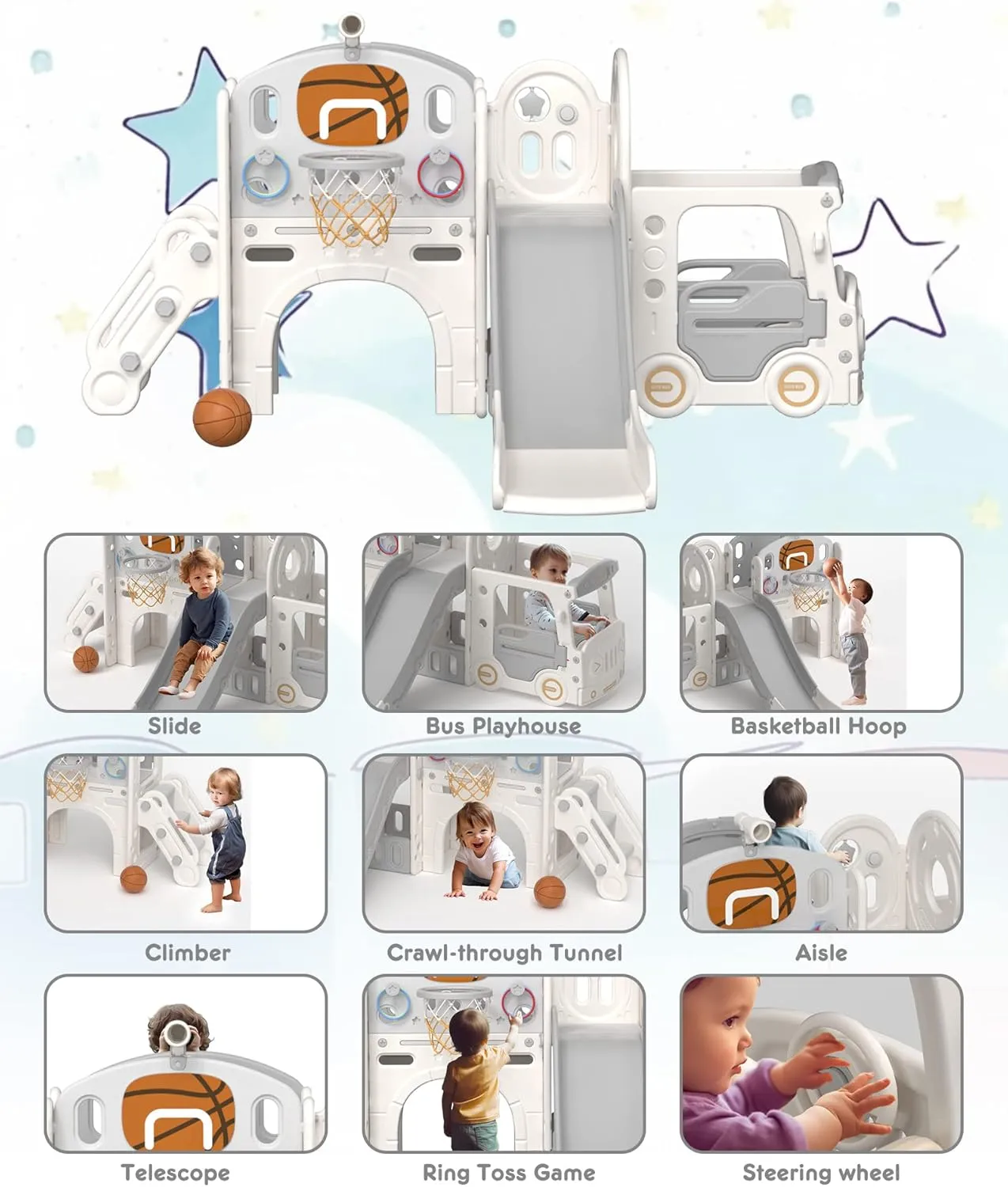 YUFU 10 in 1 Toddler Slide, Kids Slide for Toddlers Age 1-3, Toddler Climber Slide with Basketball Hoop and Ball, Toddlers Outdoor Indoor Playset (Beige Gray)