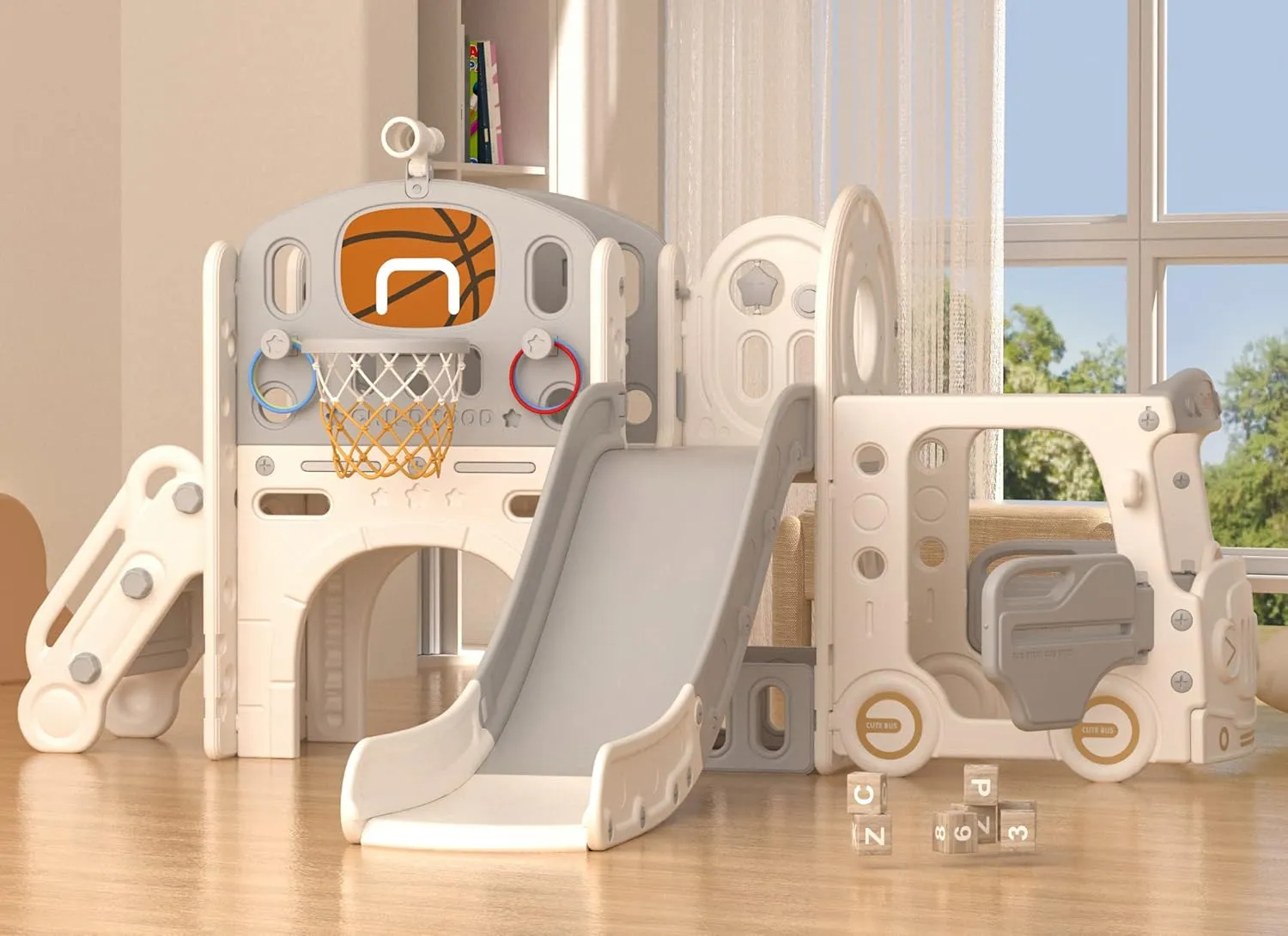 YUFU 10 in 1 Toddler Slide, Kids Slide for Toddlers Age 1-3, Toddler Climber Slide with Basketball Hoop and Ball, Toddlers Outdoor Indoor Playset (Beige Gray)
