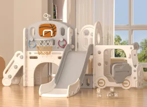 YUFU 10 in 1 Toddler Slide, Kids Slide for Toddlers Age 1-3, Toddler Climber Slide with Basketball Hoop and Ball, Toddlers Outdoor Indoor Playset (Beige Gray)