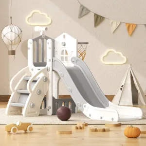 YUFU 5 in 1 Toddler Slide, Kids Climber Slide with Basketball Hoop and Ball, Indoor Outdoor Playset for Toddlers Age 1-3 (Beige Gray)