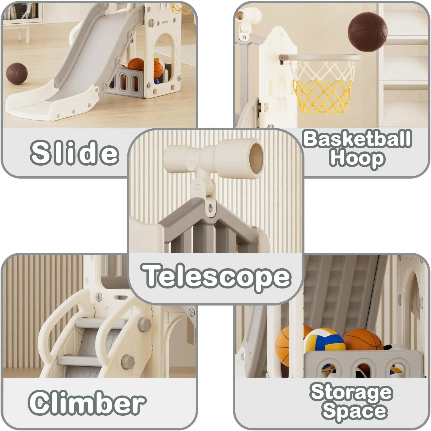 YUFU 5 in 1 Toddler Slide, Kids Climber Slide with Basketball Hoop and Ball, Indoor Outdoor Playset for Toddlers Age 1-3 (Beige Gray)